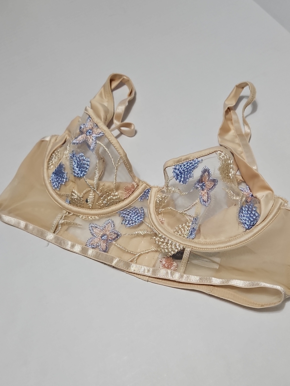 Sheer Embroidered Floral Underwire Push Up Bra  Beige, Blue & Pink Accents Sz M